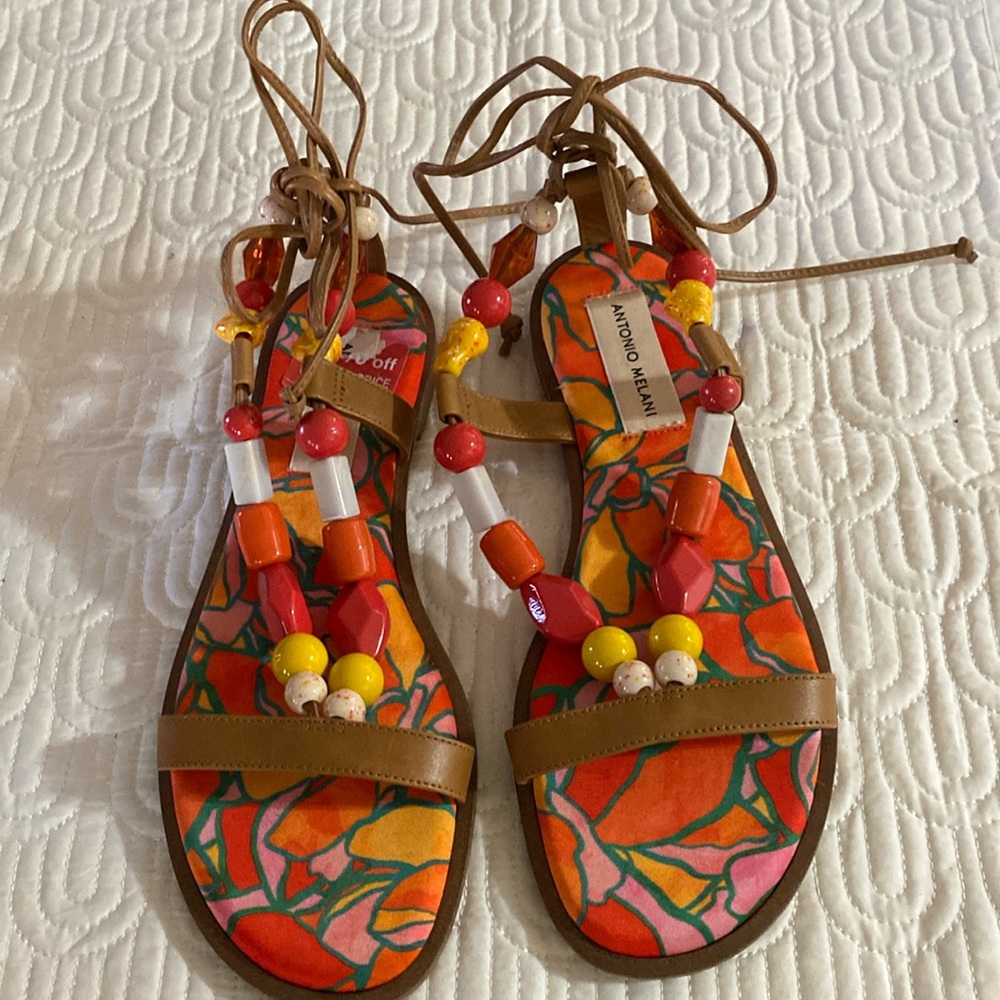 New Antonio Melani leather Brown Multicolor Ankle Wrap Sandals 6